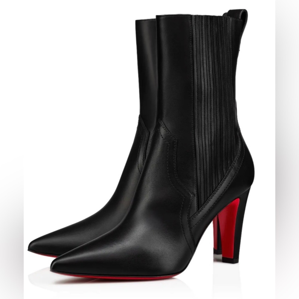 Christian Louboutin santigag 85mm black leather cowboy boot booty bootie sz 38.5